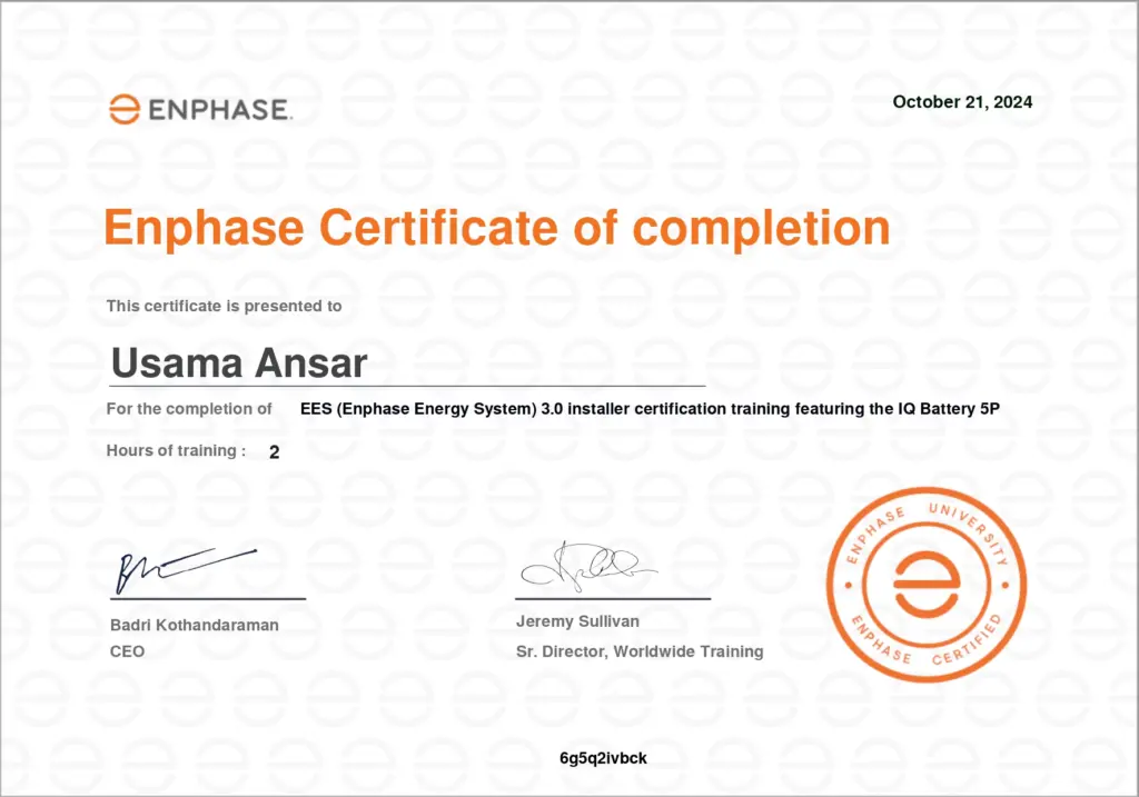usama ansar solar Enphase Certificate of Completion